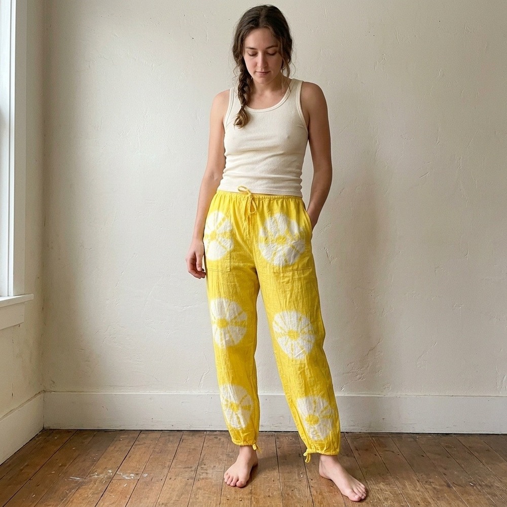 LUZ Womens Pants One Size Yellow Tie Dye Cotton Handmade Mexico Boho Festival